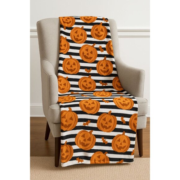 Halloween Throw Blanket Horror Night Pumpkin Printed Plush  50" X 60" Polyester - Picture 1 of 9